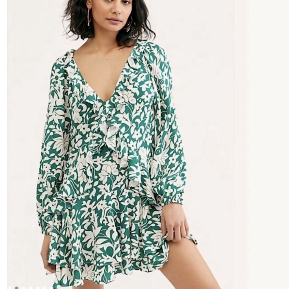 Free People Green Floral Rebecca Tiered Ruffle Dress Size XS